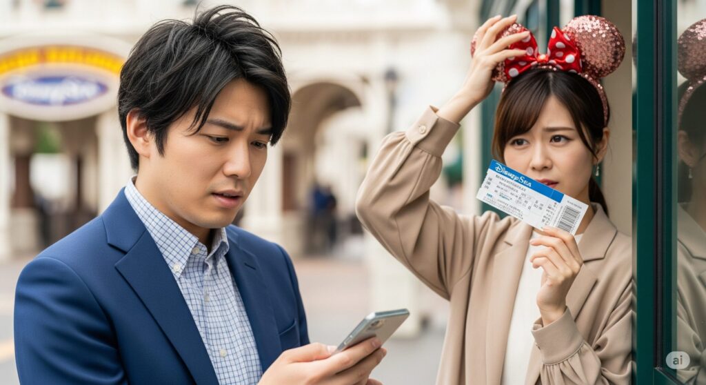 【ディズニー チケット ランドからシーに変更】ディズニーシーのチケットを手に困っている女性とスマートフォンを確認する男性 テーマパーク入口