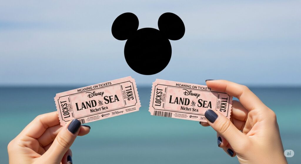 【ディズニー チケット ランドからシーに変更】海を背景に両手で持つランドとシーと書かれたピンクのディズニーチケットが中央で破れて分かれた状態ミッキーマウスのシルエット