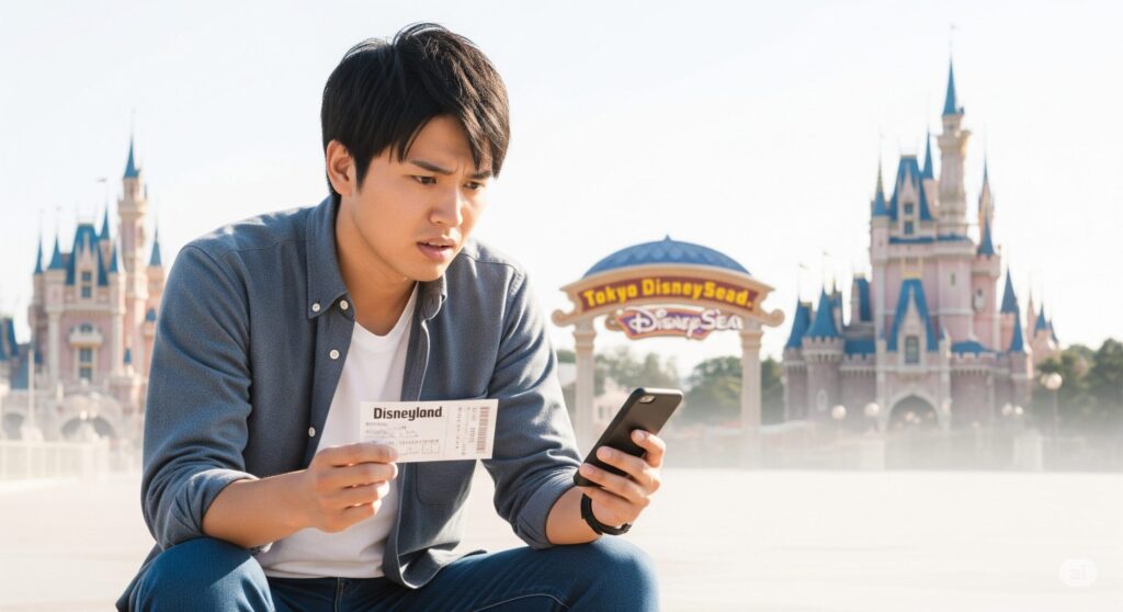 【ディズニー チケット ランドからシーに変更】東京ディズニーシーゲート前でディズニーランドチケットとスマートフォンを持つ困惑した男性