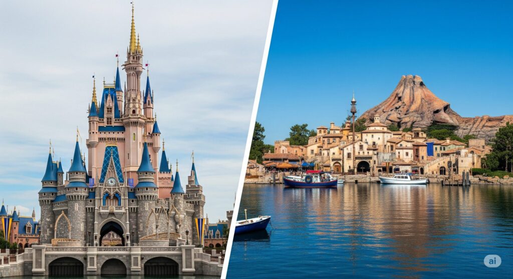 【ディズニー チケット ランドからシーに変更】 ディズニーランドのお城とディズニーシーの火山と港の風景