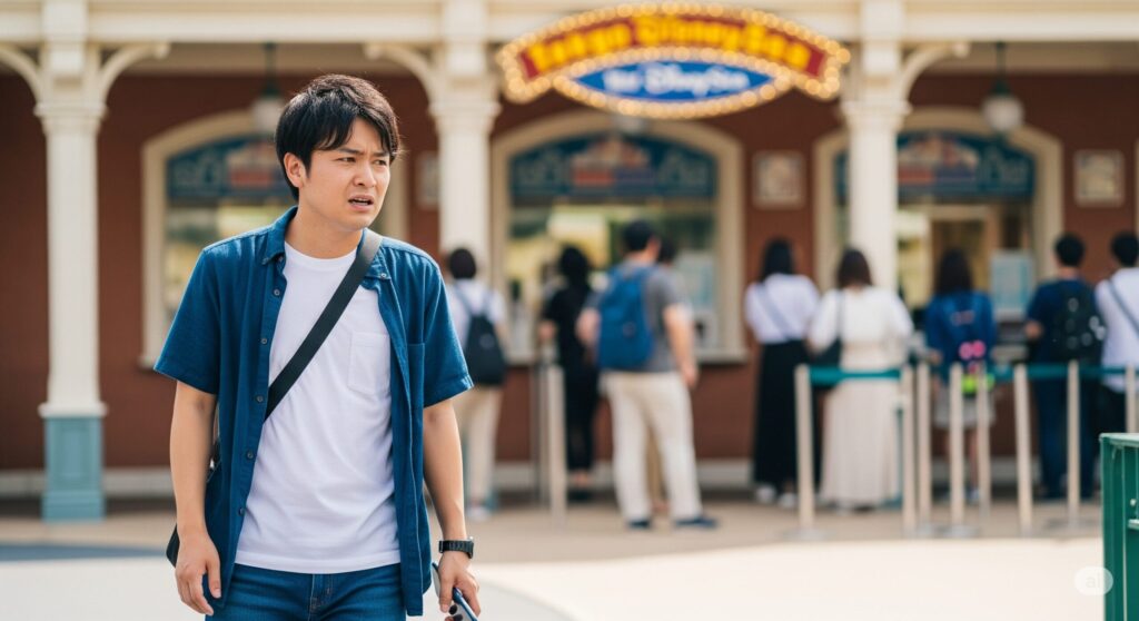 【ディズニー チケット ランドからシーに変更】ディズニーランド入り口で困った顔の男性が立つ様子