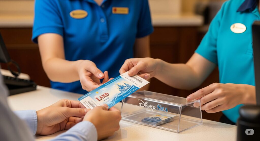 【ディズニー チケット ランドからシーに変更】カウンターでディズニーランドのチケットを客に手渡ししているスタッフとディズニーシーのチケットが積まれた箱が写っている