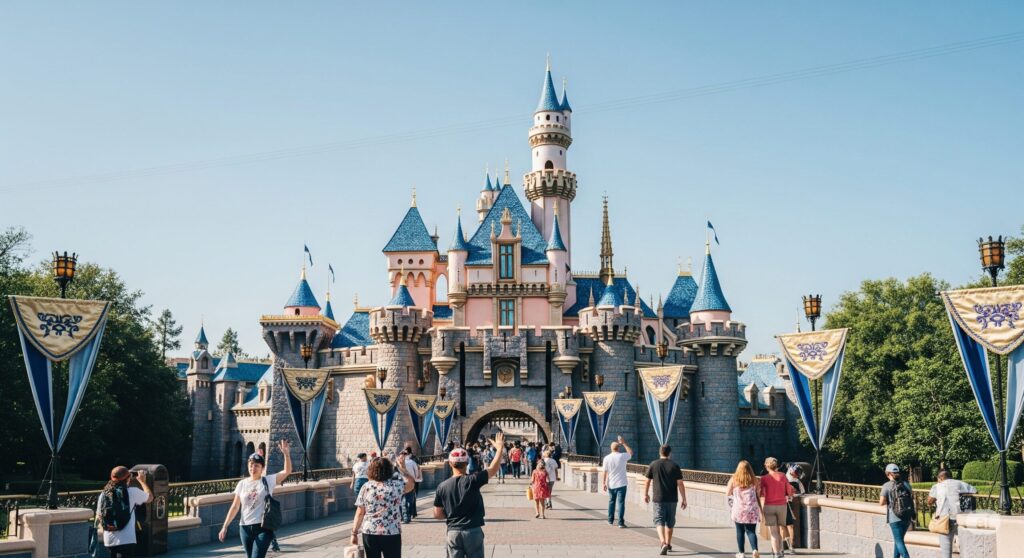 【ディズニー チケット クレカ エラー】ディズニーランドの青い屋根の城へ向かうたくさんの人々