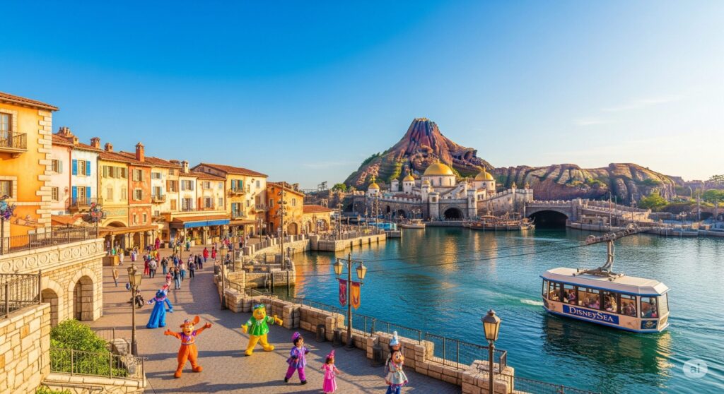 【ディズニー チケット クレカ エラー】東京ディズニーシーの晴れた日の風景プロメテウス火山と地中海風の建物高架を走る電車とたくさんのディズニーキャラクターゲスト