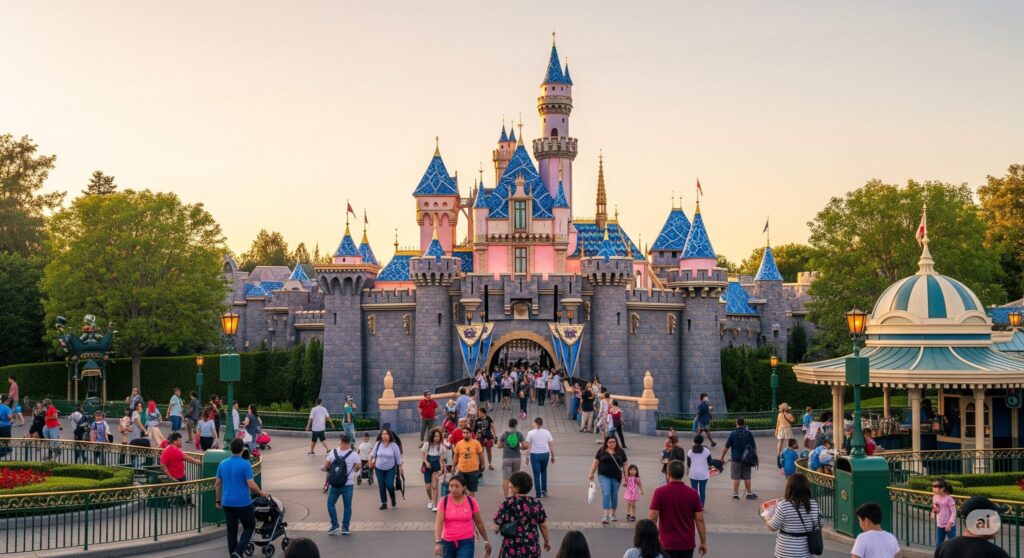 【ディズニー チケット クレカ エラー】夕焼け空のディズニーのお城と大勢の来園者