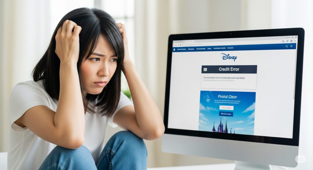【ディズニー チケット クレカ エラー】ディズニーサイトでクレジットエラーが表示され頭を抱える女性