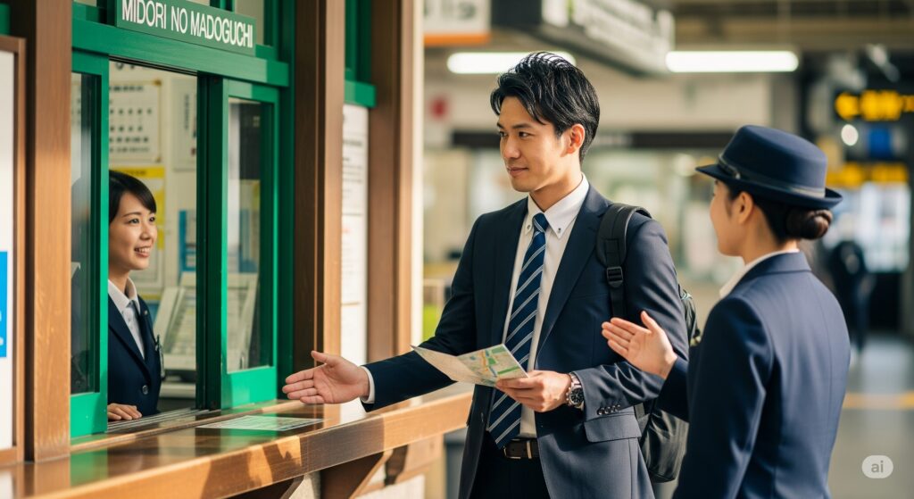 【えきねっと 発券後 変更】みどりの窓口でスーツ姿の男性が駅員から案内を受けている