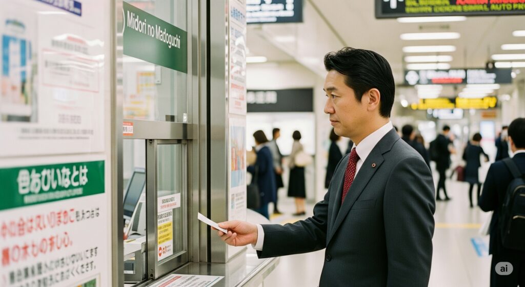 【えきねっと 発券後 変更】スーツの男性が駅のみどりの窓口で切符を渡している