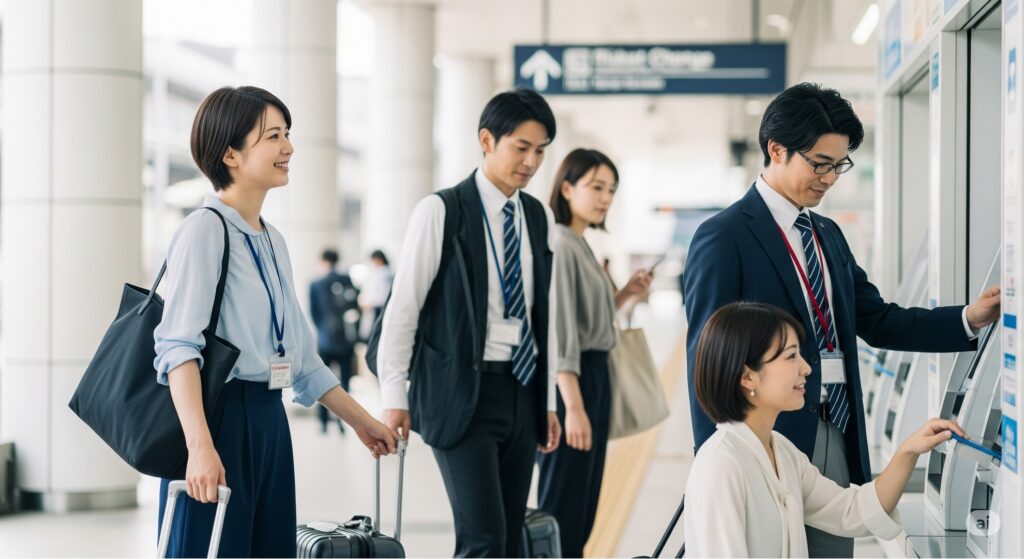 【えきねっと 発券後 変更】駅の券売機でチケットを操作する人々
