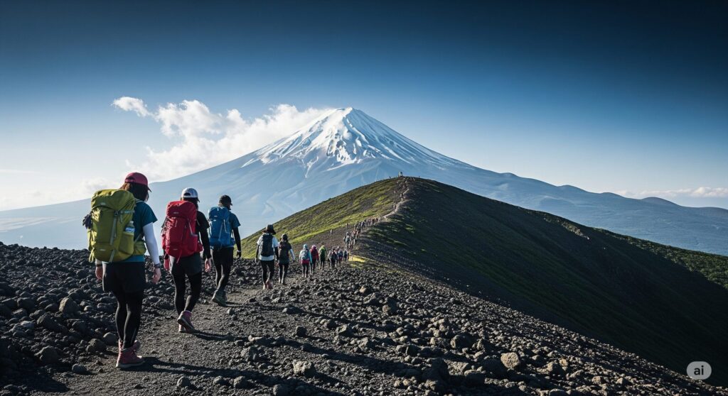 【富士山 登る時期】雪をかぶる富士山に向かって岩だらけの登山道を歩く多くの人々