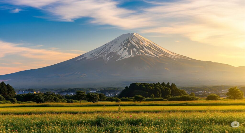 【富士山 登る時期】雪をかぶる富士山 手前に広がる黄色い花畑と青空