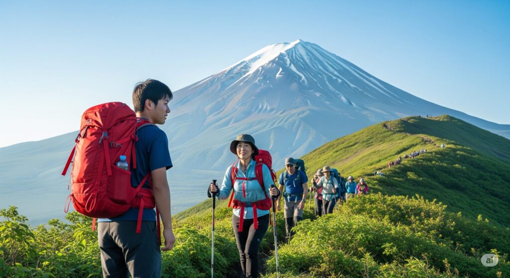 【富士山 登る時期】緑の山道を登る多くの登山者と雪をかぶった富士山