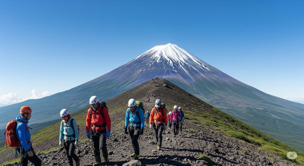 【富士山 登る時期】雪が残る富士山の登山道をヘルメットをかぶった登山者が青空の下歩く