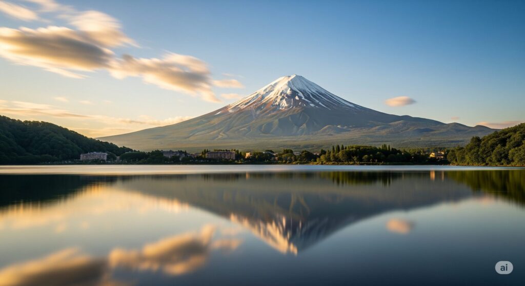 【富士山 登る時期】雪をまとった富士山が穏やかな湖面に映り込む姿