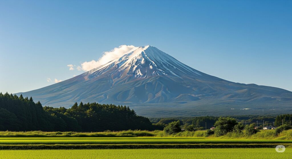 【富士山 登る時期】青い空と広がる緑の田んぼの向こうに雪をかぶった雄大な富士山が見える