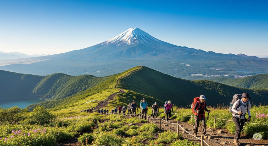 【富士山 登る時期】晴れた日に雪化粧した富士山を背景に多くの登山者が山道を歩く様子