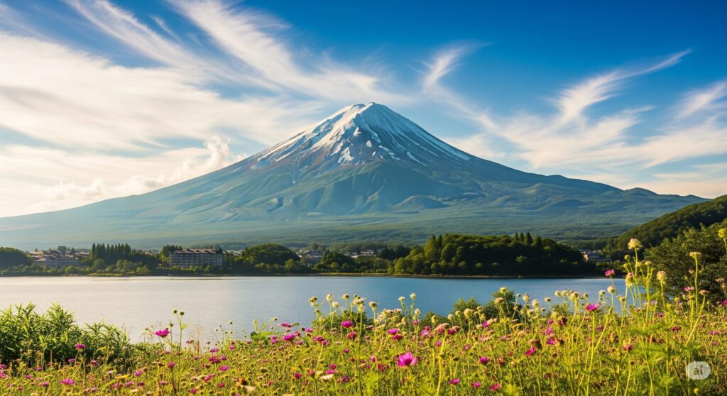 【富士山 登る時期】青い空の下雪化粧した富士山と湖畔に広がる花畑の美しい景色
