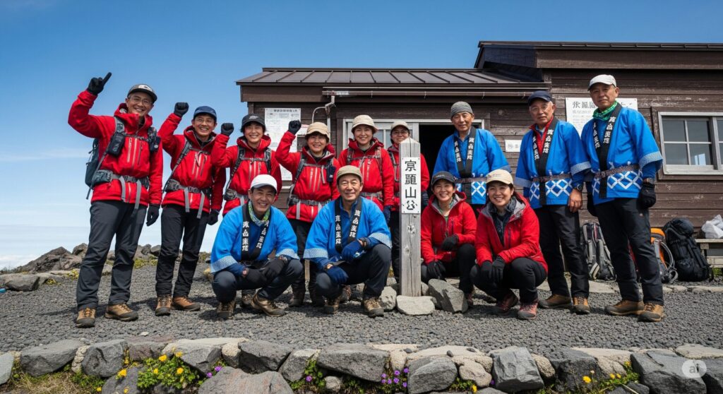 【富士山 山小屋 予約 取れない】京蔵山小屋の前で赤い登山服と青い法被を着た人々が笑顔で立っている