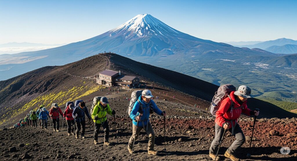【富士山 山小屋 予約 取れない】雪をかぶった富士山の山道を多くの登山者が列になって登る様子手前には山小屋が見える