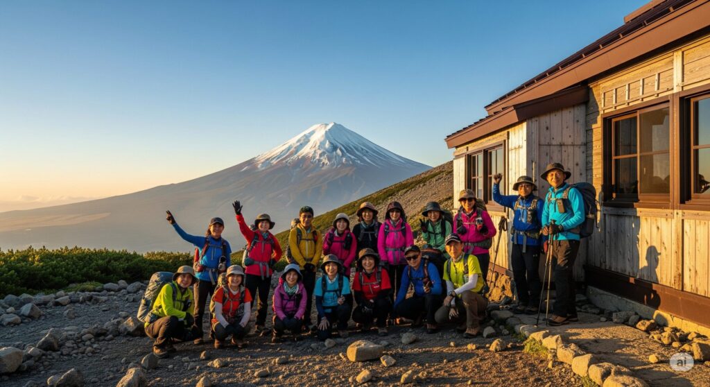 【富士山 山小屋 予約 取れない】冠雪した富士山と木造の山小屋を背景に様々な色の登山ウェアを着た十数名の登山者が笑顔でポーズをとる光景
