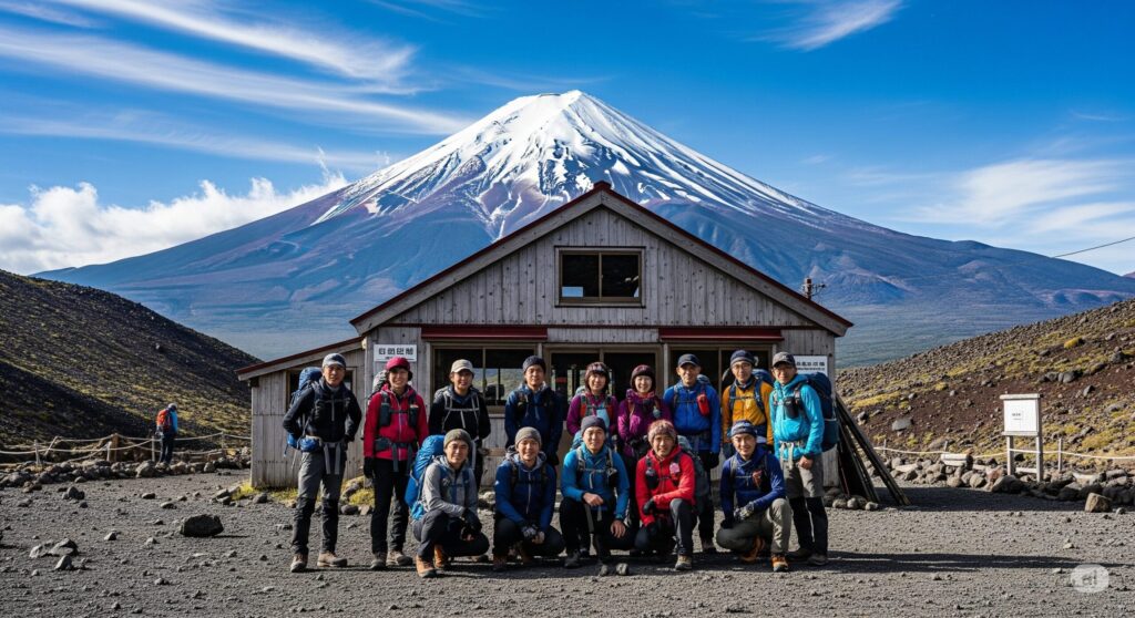 【富士山 山小屋 予約 取れない】富士山を背景に山小屋白雲荘の前で記念撮影をする登山者グループ