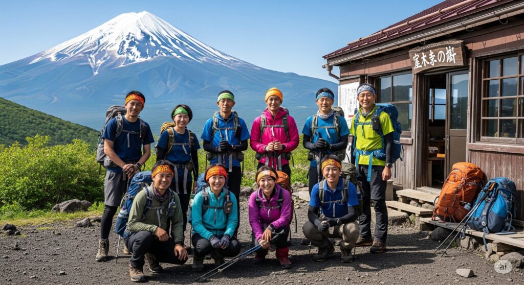 【富士山 山小屋 予約 取れない】富士山を背景に宝永荘の宿山小屋の前で笑顔の登山グループ9人が並んでいる