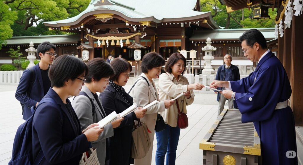 【下手 がっかり 御朱印 ひどい】神社の前で数人の女性が神主から御朱印を受け取っている様子