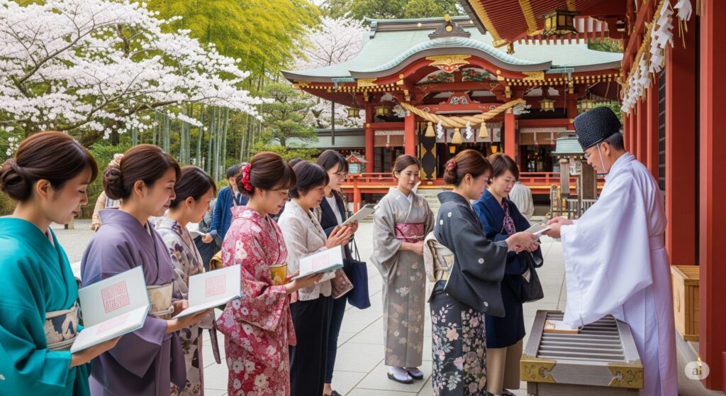 【下手 がっかり 御朱印 ひどい】桜が咲く神社で着物を着た女性たちが神主から御朱印を受け取る風景 朱色の社殿と竹林