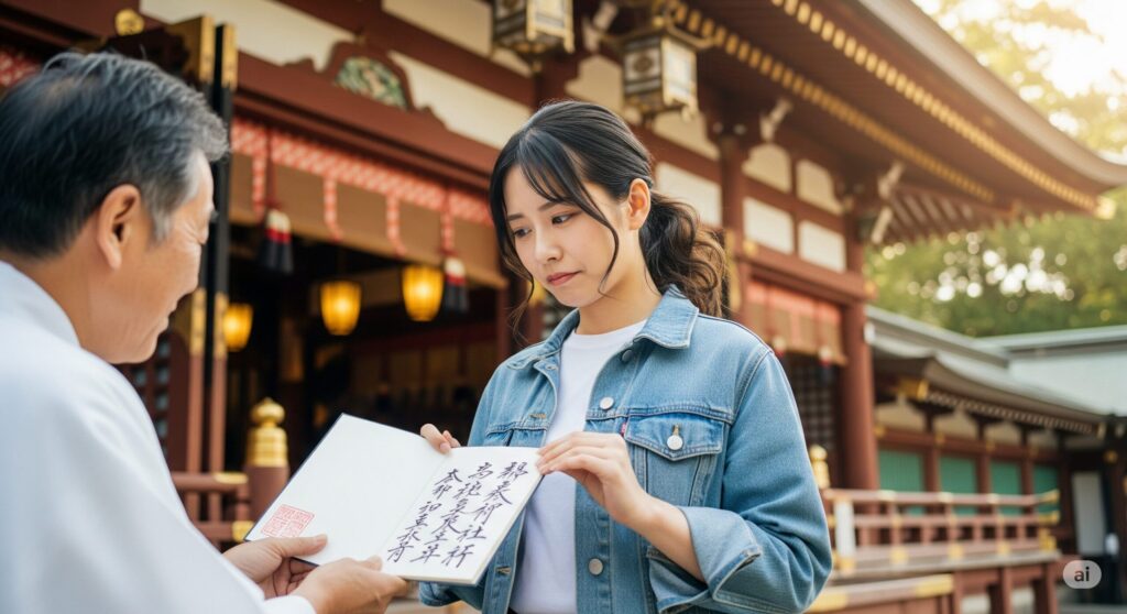 【下手 がっかり 御朱印 ひどい】神社の前で渡された御朱印帳を見て女性が書き方の雑さにがっかりしている