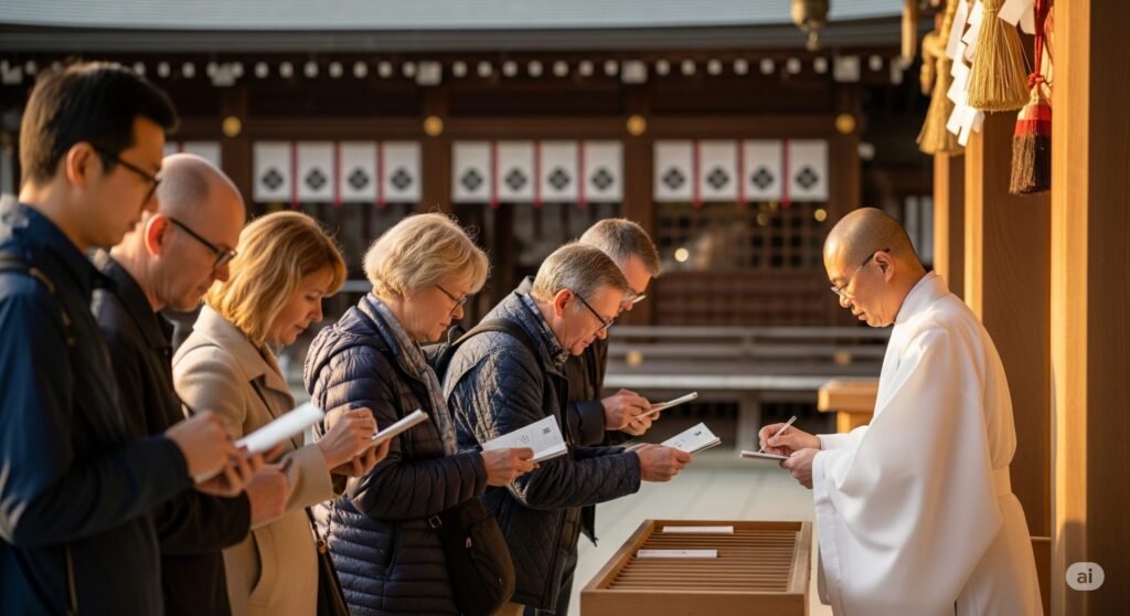 【下手 がっかり 御朱印 ひどい】多くの参拝者が神職に御朱印を書いてもらっている日本の神社の様子