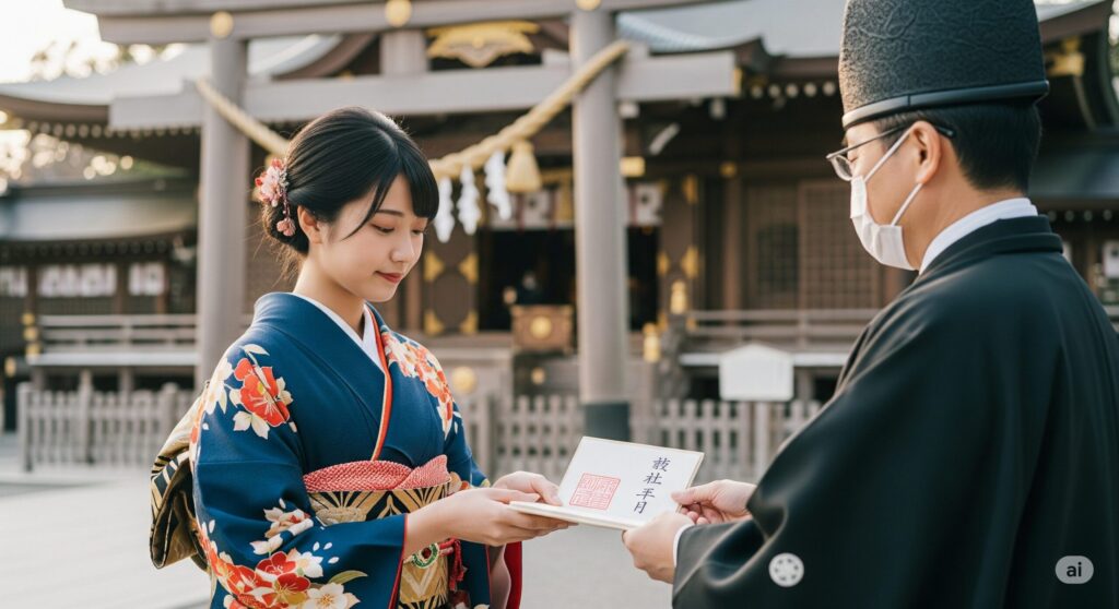 【下手 がっかり 御朱印 ひどい】神社の境内で着物を着た女性が神職から御朱印を受け取っている