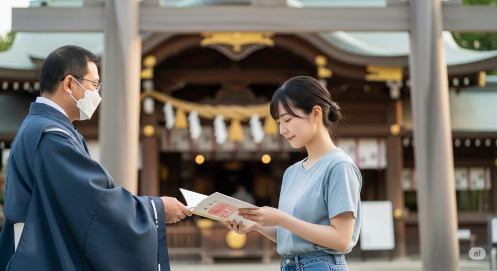 【下手 がっかり 御朱印 ひどい】神職が女性に御朱印帳を手渡す様子