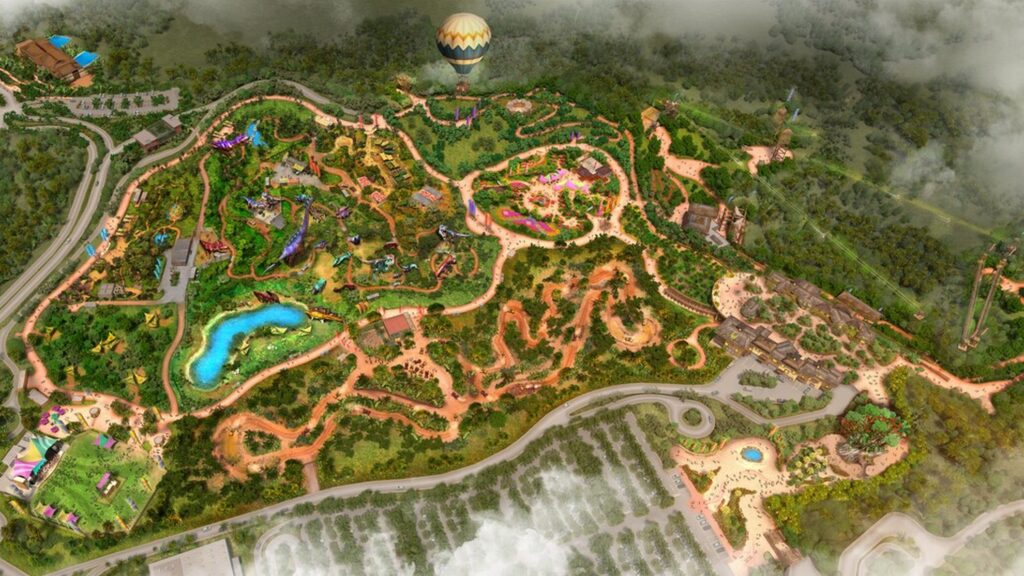 【ジャングリア沖縄 レビュー】沖縄のテーマパーク ジャングリアの敷地全体を上から見た図 緑豊かな自然の中に熱気球や池建物アトラクションや小道が広がる