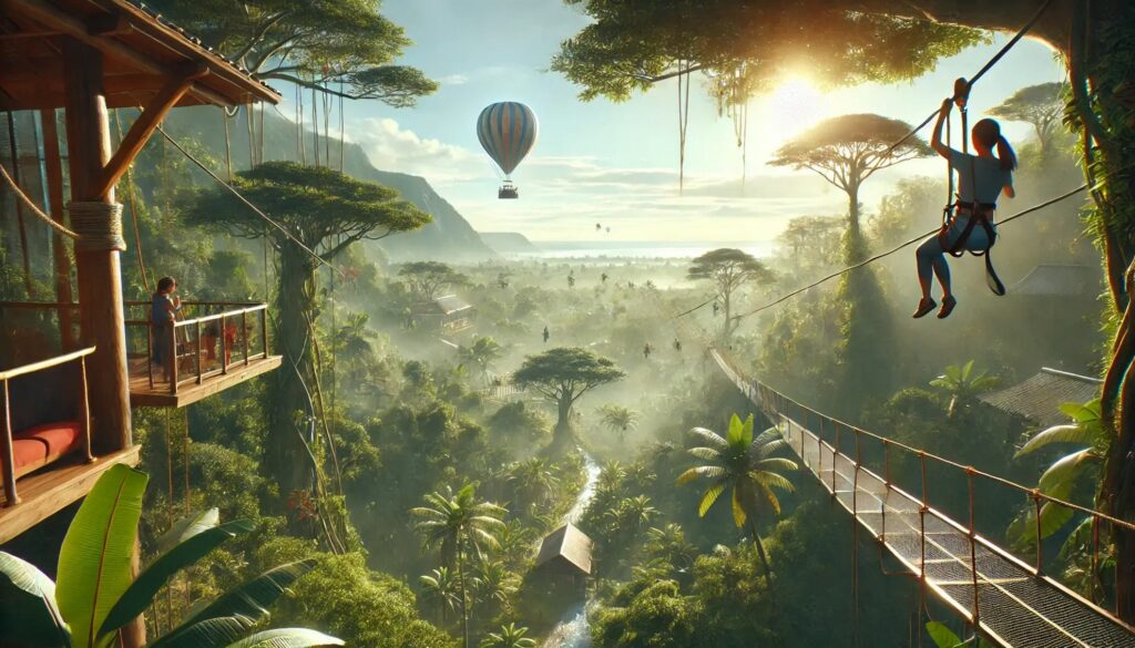 【ジャングリア沖縄 レビュー】広大なジャングルをジップラインで滑空する人とツリーハウスから絶景を眺める人々 朝日を浴びる熱気球が浮かぶ自然体験パーク