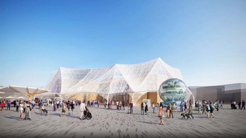 【Expo2025 Osaka】A large white building with a spherical structure and many people gathered in front of it on a sunny day