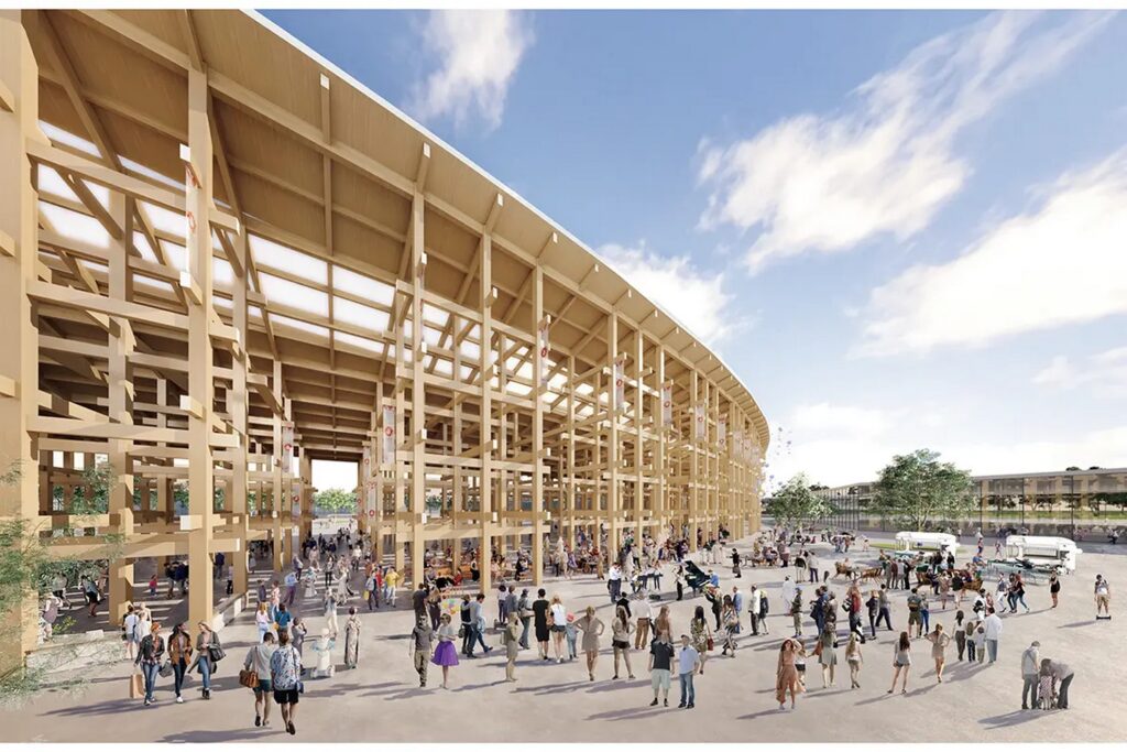 【Expo2025 Osaka】A large wooden building with many people walking around outside on a sunny day