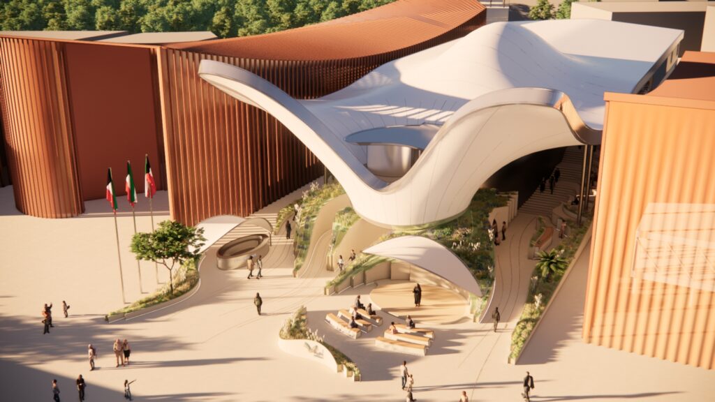 【Expo2025 Osaka】A modern building with a curved white roof and orange walls, people walking around in a plaza with trees and flags