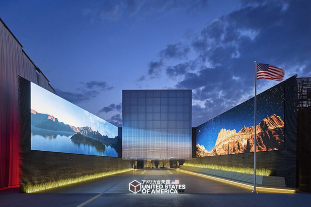 【Expo2025 Osaka】The USA Pavilion at Expo 2025 Osaka Kansai with a mirrored facade reflecting mountains and the American flag