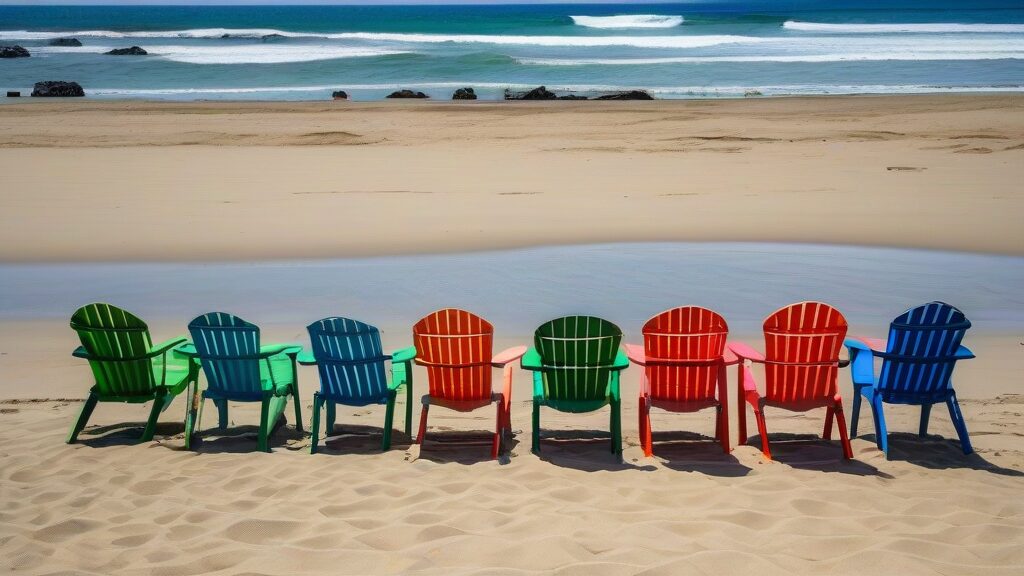 カラフルな椅子が可愛い！月丁里海岸で海をバックに記念撮影