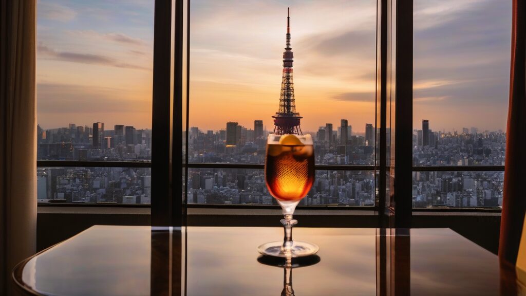 1日目:東京タワービューの客室で、夕暮れ時のカクテルタイム