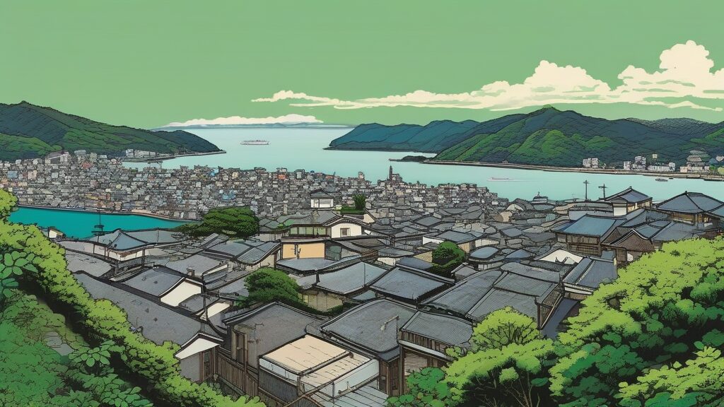 尾道市役所5階屋上展望デッキから見渡す箱庭的都市の全貌